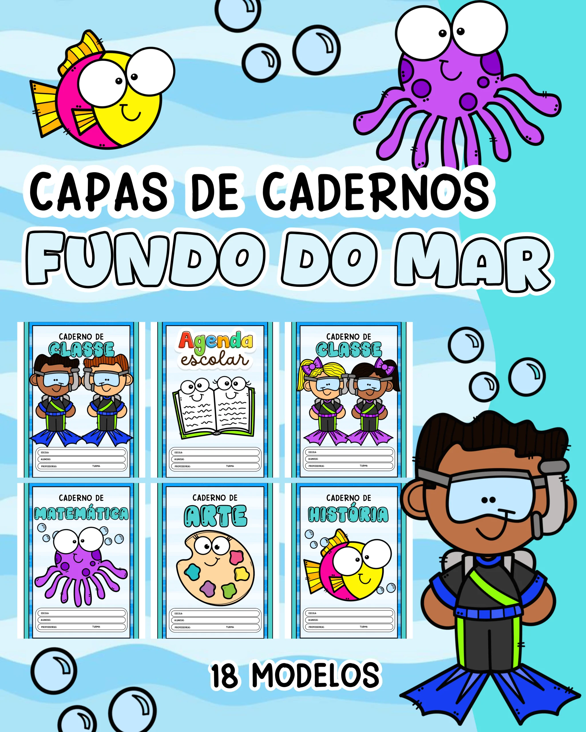 Capinhas de Caderno – Tema Fundo Mar (Coloridas e para Colorir)