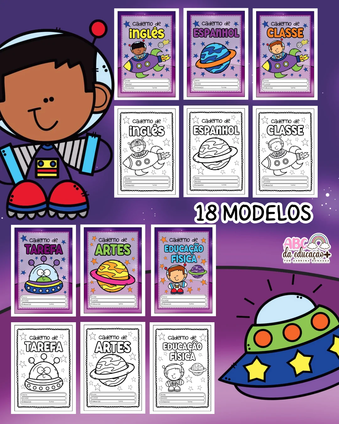 Capinhas de Caderno – Tema Astronauta (Coloridas e para Colorir) - Imagem 9