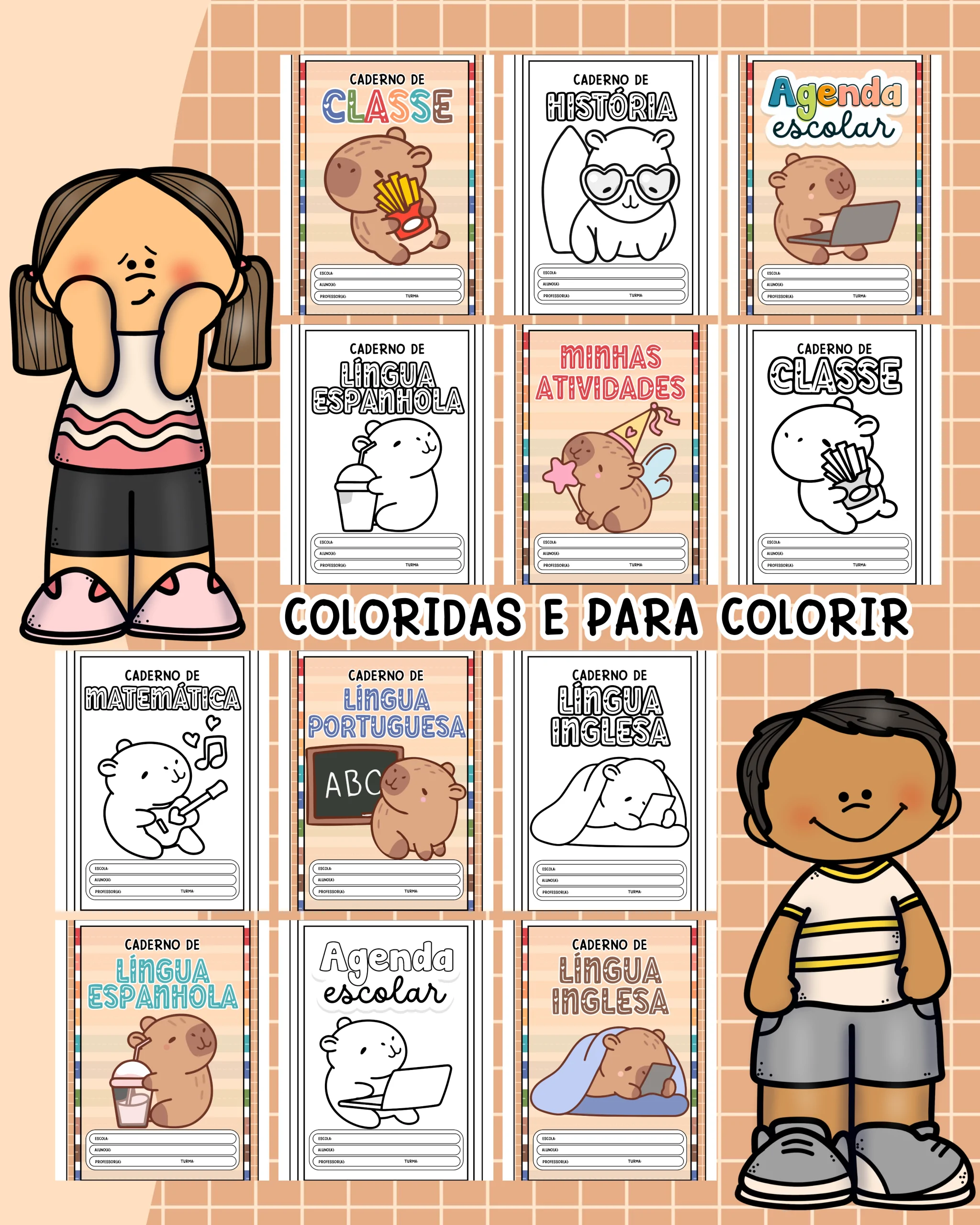 Capinhas de Caderno – Tema Capivara (Coloridas e para Colorir) - Imagem 6