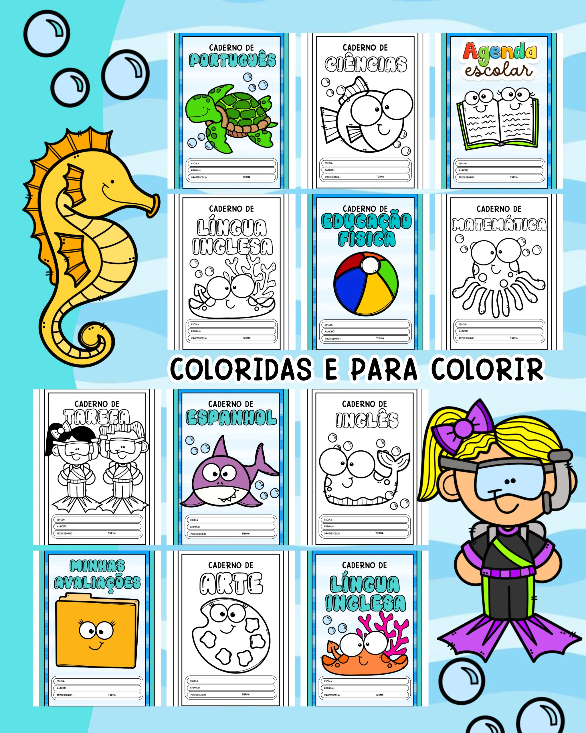 Capinhas de Caderno – Tema Fundo Mar (Coloridas e para Colorir) - Imagem 2