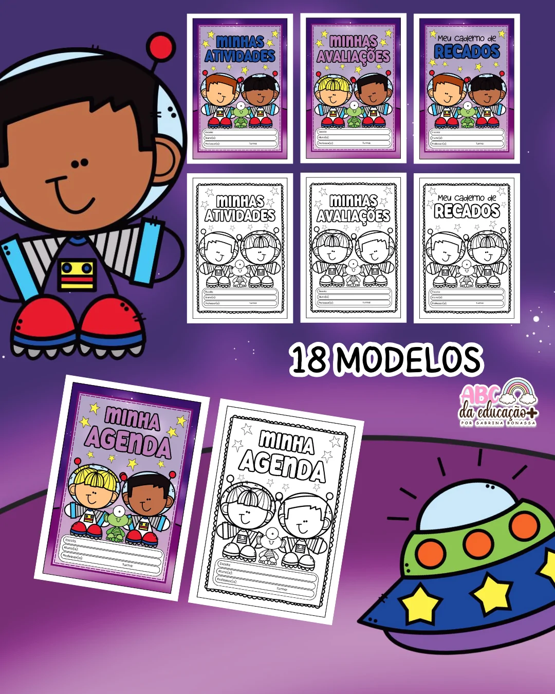 Capinhas de Caderno – Tema Astronauta (Coloridas e para Colorir) - Imagem 7