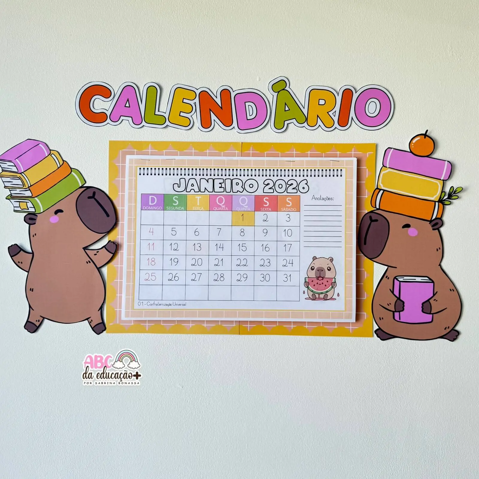 Calendário Escolar 2026 – Tema Capivara