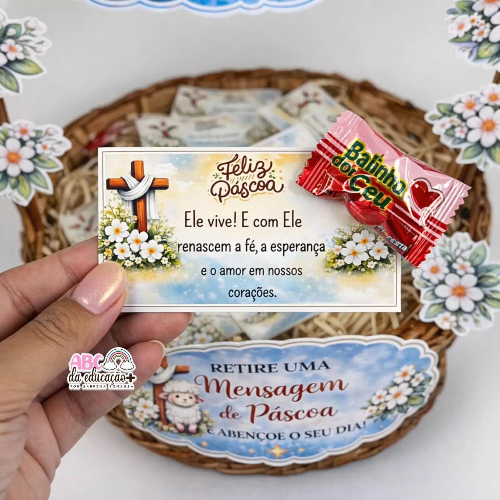 Cesta de Páscoa Cristã Decorativa + Mensagens Bíblicas - Imagem 5