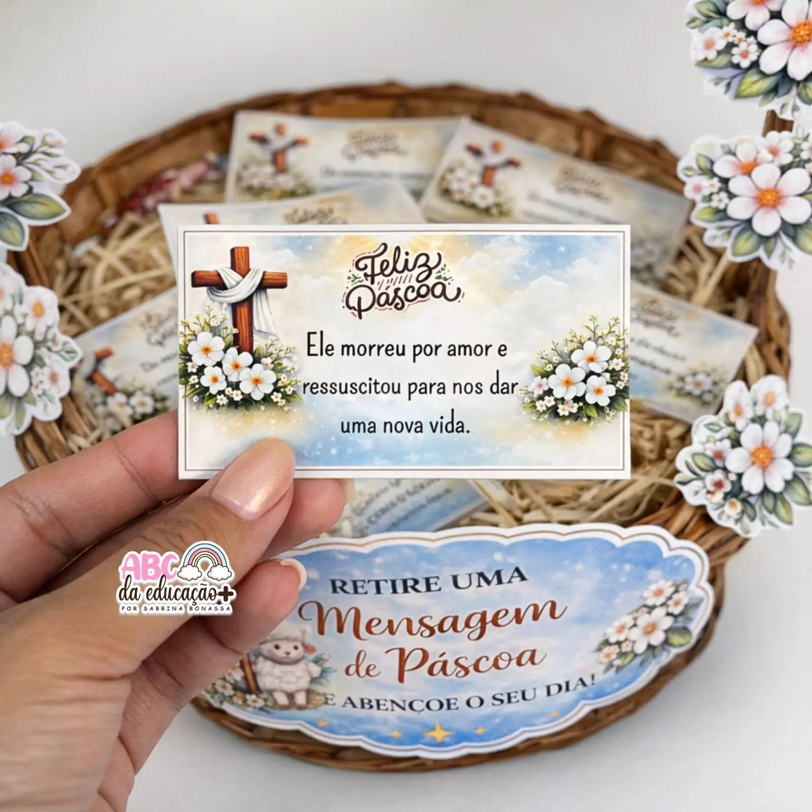 Cesta de Páscoa Cristã Decorativa + Mensagens Bíblicas - Imagem 2
